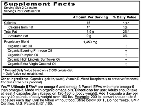 Omega 3 6 Parent EFA Fish Oil Alternative, Organic Plant Based, Vegetarian, Burpless, No Fishy Aftertaste (120 Soft Gels (Мягкие капсулы)) by YES Your Essential Supplements. Made in USA. ULTIMATE EFAs