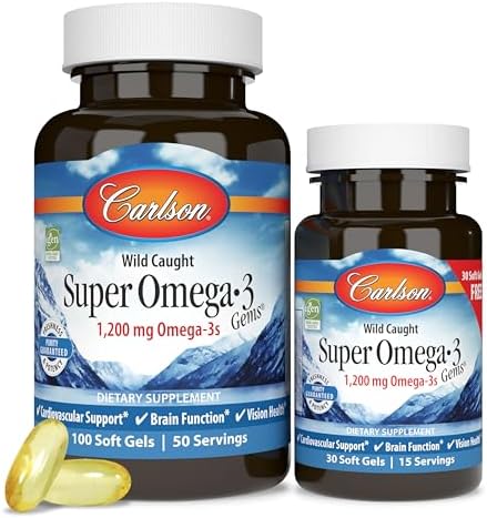 Carlson - Super Omega-3 Gems, 1200 mg Omega-3s, Wild Caught, Sustainably Sourced, 50 soft gels Carlson