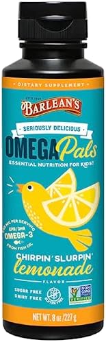 Barlean's Omega Pals Chirpin' Slurpin' Omega 3 for Kids, Yummy Lemonade Flavored Children's Liquid (Жидкость) Fish Oil Supplement with 540 mg of EPA & DHA for Brain & Eye Health, 8 oz (Унции) Barlean's