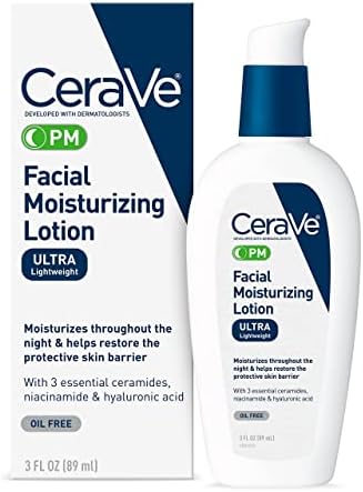 CeraVe PM Facial Moisturizing Lotion | Night Cream with Hyaluronic Acid and Niacinamide | Ultra-Lightweight, Oil-Free Moisturizer for Face | 3 Ounce CeraVe