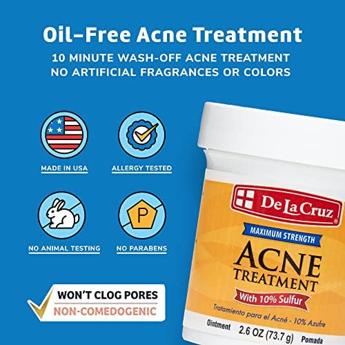 De La Cruz 10% Sulfur Ointment - Cystic Acne Treatment for Face and Body - Daily 10 Min Spot Treatment Mask Safe and Effective Game Changing Hormonal Acne Treatment that Clears Up Pimples 0.21oz 6g De La Cruz