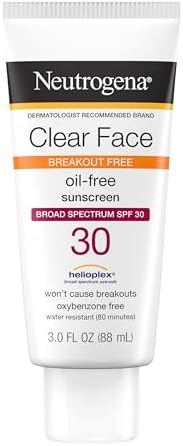 Neutrogena Clear Face Sunscreen For Acne Prone Skin, Broad Spectrum Sunblock SPF 30, Non Comedogenic, Oil Free Sunscreen for Sun Protection, 3 FL OZ Neutrogena