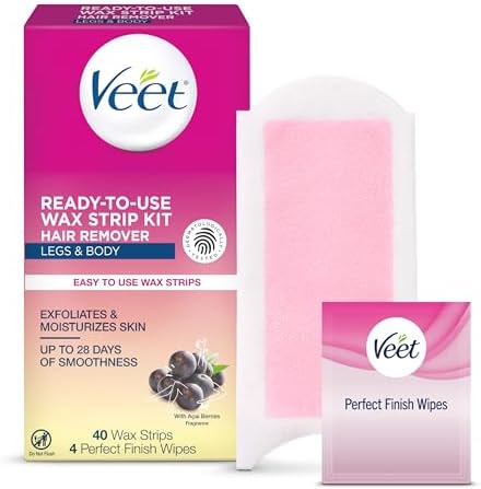 Veet Ready-To-Use Waxing Kit For Women | Wax Strips For Body Hair Removal, Wax Kit For Ingrown Hair Treatment, Personal Care Product, Hair Remover | 40ct Waxing Strips, 4ct Body Wipes Veet