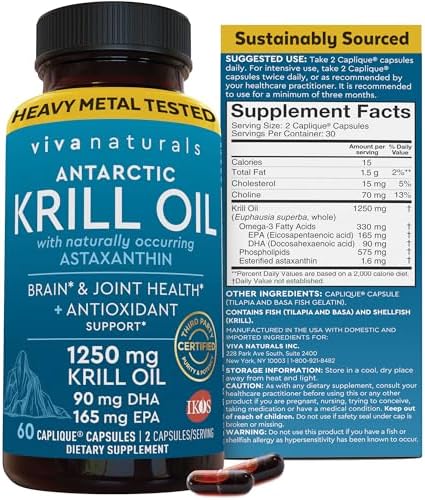 Krill Oil Omega 3 Supplement, Antarctic Krill Oil 1250 mg with Astaxanthin & Omega 3 Fatty Acid Supplement, High DHA & EPA Concentration for Brain & Joint Health Support, No Fish Burps (60) Viva Naturals