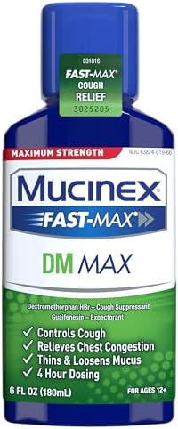 Mucinex DM Max Liquid (Жидкость) Cough & Cold Medicine For Adults, Cold And Flu Medicine for Excess Mucus Relief, Guaifenesin & Dextromethorphan Expectorant & Decongestant for Adults, Dr Recommended, 6.0 Fl Oz Mucinex