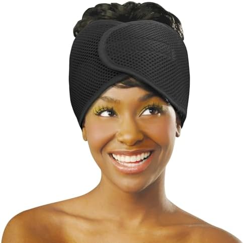 DONNA DELUXE FOAM MESH WRAP OLIVE + VITAMIN E TREATED, Curly Hair Care Essentials Face Wash, Makeup, and Headband for Women, 1PC BLACK COLOR DONNA