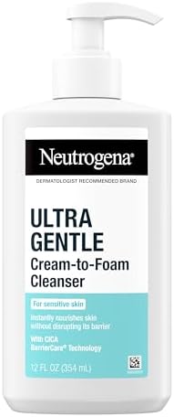 Neutrogena Ultra Gentle Cream-to-Foam Daily Facial Cleanser, Transforms from a Creamy Cleanser to a Foaming Face Wash, Gently Cleanses Sensitive Skin, Fragrance-Free, Hypoallergenic, 12 oz Tena