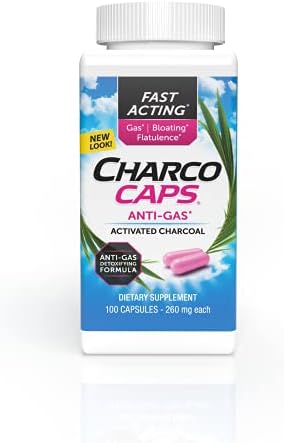 Fast Acting Gas Relief for Bloating & Flatulence, Drug Free Detoxifying Activated Charcoal Formula, 100 Capsules, 30 Day Supply, Pink Charcocaps