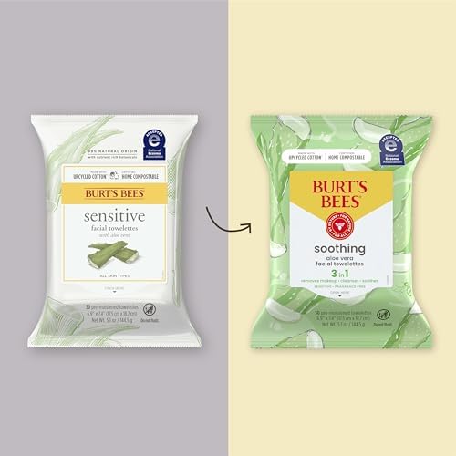 Burt's Bees Soothing Facial Towelettes With Aloe Vera, Pre-Moistened Towelettes for Sensitive Skin Types, 99 Percent Natural Origin Skin Care, 30 ct. Package Burt'S Bees