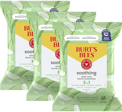 Burt's Bees Aloe Vera Face Wipes, for Sensitive Skin, Soothing Makeup Remover & Facial Cleansing Towelettes, 30 Ct. (3-Pack) BURT'S BEES