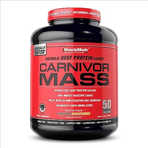 MuscleMeds CARNIVOR Mass Gainer Beef Protein Isolate Shake, 50 Grams Protein, 125 Grams Carbs, 0 Fat, 0 Sugar, Lactose Free, Halal Certified, Chocolate Peanut Butter, 6 Pound MuscleMeds