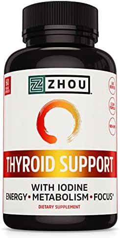 Zhou Thyroid Support Complex with Iodine Supplement, Increase Energy, Fight Brain Fog with Vitamin B12, Iodine, Magnesium, Zinc, Selenium, No Soy, Gluten-Free, 30 Servings (Порции), 60 Caps Zhou