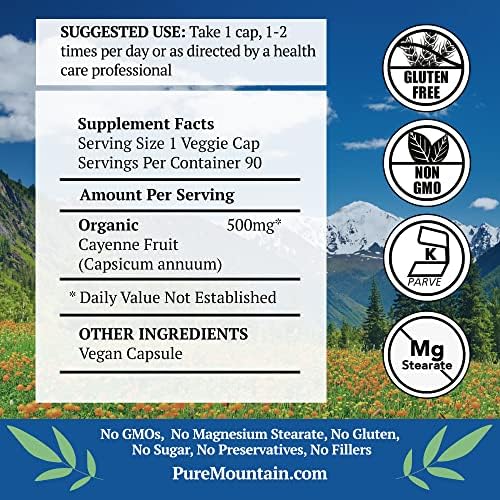 Pure Mountain Botanicals Cayenne Pepper Capsules - 90 Kosher Vegan Caps with 500mg Organic Cayenne Pepper with Capsaicin Pure Mountain Botanicals