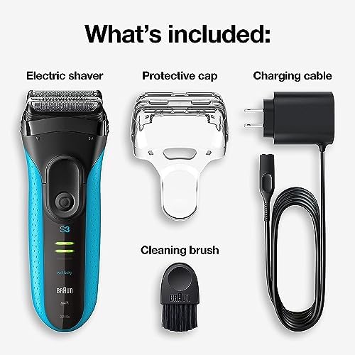 Braun Electric Series 3 Razor with Precision Trimmer, Rechargeable, Wet & Dry Foil Shaver for Men, Blue/Black, 4 Piece Braun