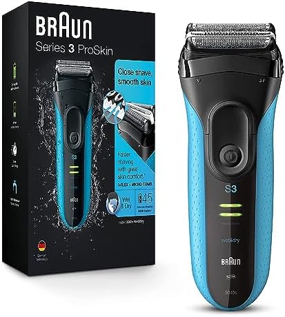 Braun Electric Series 3 Razor with Precision Trimmer, Rechargeable, Wet & Dry Foil Shaver for Men, Blue/Black, 4 Piece Braun