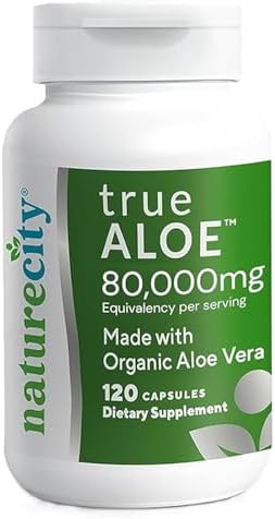 True-Aloe 80,000 мг эквивалента геля алоэ вера на порцию – Органическое алоэ вера (120 капсул) для поддержки пищеварения, здоровья кожи и суставов NatureCity