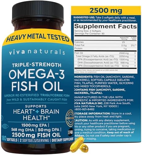 Triple Strength Omega 3 Fish Oil Supplement - 2500 mg Fish Oil Pills with Re-Esterified Omega 3 Fatty Acids Including EPA, DHA DPA - 180 Pescatarian-Friendly Softgels (Мягкие капсулы) Viva Naturals