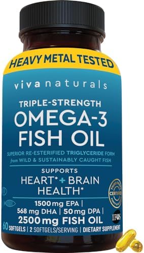 Viva Naturals Triple Strength Omega 3 Fish Oil Supplement - 2500 mg Fish Oil with Re-Esterified Omega 3 Fatty Acids Including EPA, DHA DPA - 60 Pescatarian-Friendly Softgels Viva Naturals