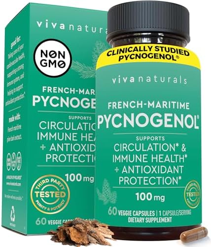 Pycnogenol 100mg from French Maritime Pine Bark Extract Capsules (Капсулы) - Healthy Blood Circulation Supplements, Antioxidant Protection, Joint Support and Immune Support - 60 Pycnogenol Supplements Viva Naturals