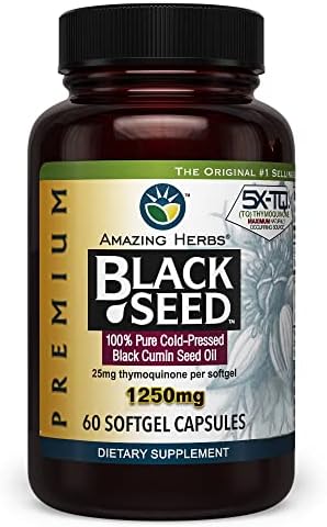 Amazing Herbs Premium Black Seed Oil Capsules (Капсулы) - High Potency, Cold Pressed Nigella Sativa Aids in Digestive Health, Immune Support & Brain Function - 60 Count, 1250mg Amazing Herbs