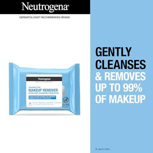 Neutrogena Cleansing Fragrance Free Makeup Remover Face Wipes, Cleansing Facial Towelettes for Waterproof Makeup, Alcohol-Free, Unscented, 100% Plant-Based Fibers, Twin Pack, 2 x 25 ct Neutrogena