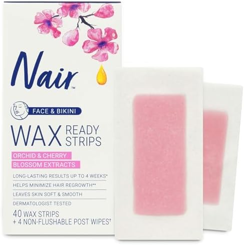 Nair Hair Remover Wax Ready Strips, Face and Bikini Hair Removal Wax Strips, 40 Count Nair