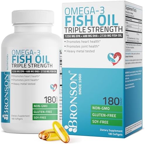 Bronson Omega 3 Fish Oil Triple Strength 2720 mg, High EPA 1250 mg DHA 488 mg, Non-GMO Heavy Metal Tested, 180 Softgels Bronson