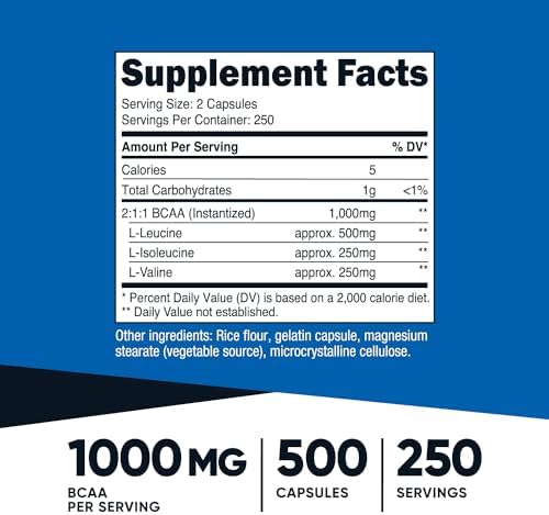 Nutricost BCAA 1000mg, 500 Capsules (Капсулы) (250 Serv), 2:1:1 Branched Chain Amino Acids (500mg of L-Leucine, 250mg of L-Isoleucine and L-Valine) Nutricost