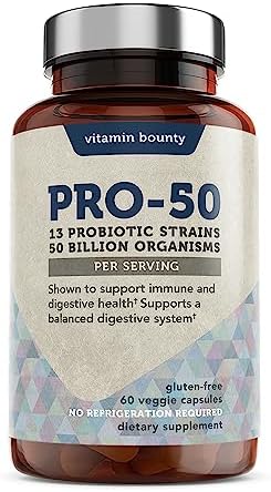 Vitamin Bounty Pro-50 Probiotic - 50 Billion Organisms and 13 Probiotic Strains That Promote Gut Health, Digestive Health Probiotic, Delayed Release Capsule with Prebiotic Greens - 60 Capsules (Капсулы) Vitamin Bounty