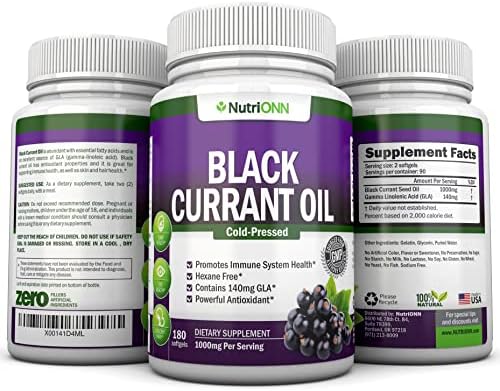 Black Currant Oil - 1000 Mg - 180 Softgels - Cold-Pressed Pure Black Currant Seed Oil - Hexane Free - 140mg GLA Per Serving - Regulates Hormonal Balance - Great for Immune System, Hair and Skin NutriONN