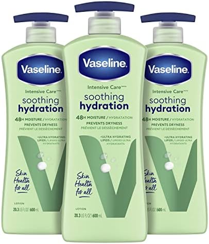 Vaseline Intensive Care Body Lotion for Dry Skin Soothing Hydration Lotion Made with Ultra-Hydrating Lipids + 1% Aloe Vera Extract to Refresh Dehydrated Skin 20.3 oz, Pack of 3 Vaseline