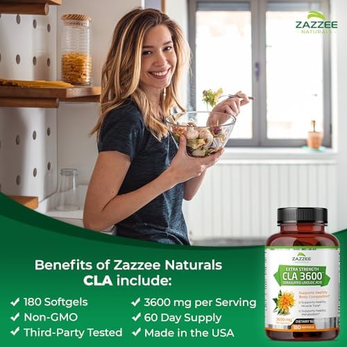 Zazzee High Potency CLA 3600, 180 Softgels, 3600 mg per Serving, Conjugated Linoleic Acid from Safflower Oil, Concentrated and Standardized, 60 Day Supply, Non-GMO and Made in The USA Zazzee