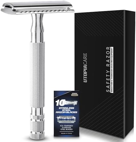 Utopia Care Double Edge Safety Razor for Men & Women with 10 Premium Stainless Steel Double Edge Razor Blades Refills for Single Blade Razors for Men & Women, Reusable One Blade Razor - Silver Utopia Care