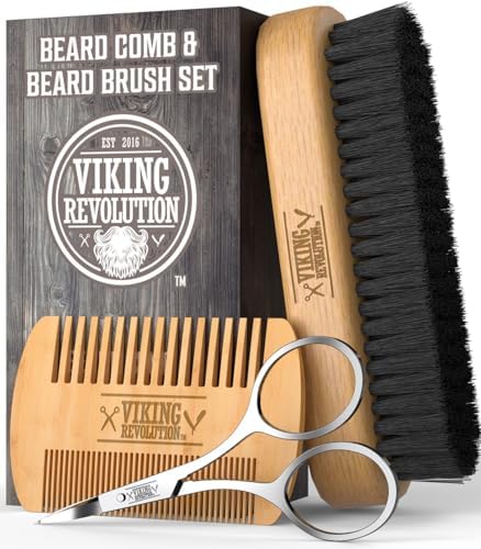 Viking Revolution Natural Boar Bristle Brush and Pear Wood Comb Set for Men - Dual Action Grooming for Beards and Mustaches with Velvet Travel Pouch Viking Revolution