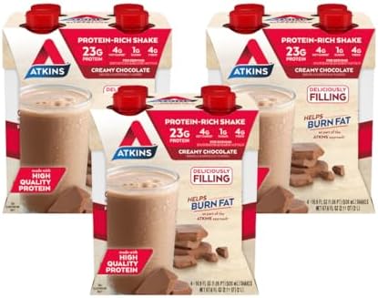 Atkins Creamy Chocolate Meal Size Protein Shake, 23g Protein, Low Glycemic, 4g Net Carb, 1g Sugar, Keto Friendly, 12 Count Atkins