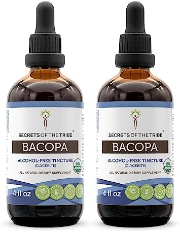 Bacopa USDA Organic | Alcohol-FREE Extract, High-Potency Herbal Drops, Relaxation, Positive Cognitive Effect | Made from 100% Certified Organic Bacopa (Bacopa Monnieri) Dried Herb 2x4 oz Secrets of the Tribe