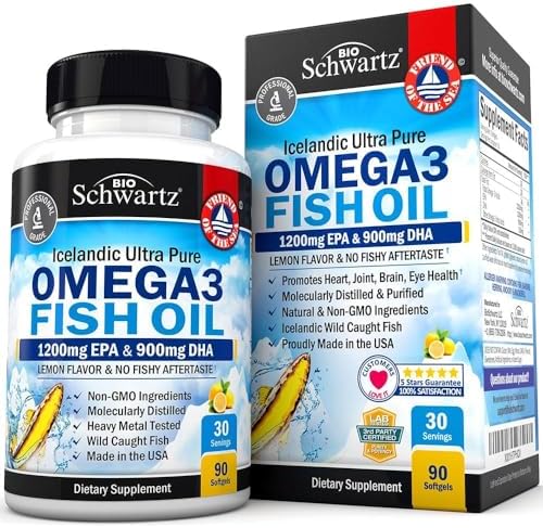 Triple Strength Omega 3 Fish Oil Supplement - 2250mg EPA DHA Omega 3 Fatty Acids from Wild Caught Fish, Supports Joint, Eyes, Brain Health - Burpless Lemon Flavor, Gluten Free, 90 Omega3 Softgels (Мягкие капсулы) BioSchwartz