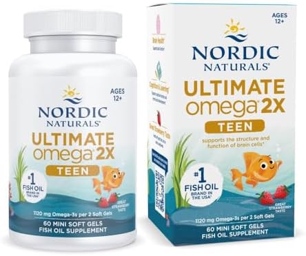 Nordic Naturals Ultimate Omega 2X Teen, Strawberry - 60 Mini Soft Gels (Мини мягкие гелевые капсулы) - 1120 mg Total Omega-3s with EPA & DHA - Brain Health, Positive Mood, Social Development, Learning - Non-GMO - 30 Servings (Порции) Nordic Naturals