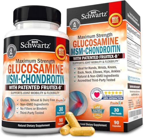 Glucosamine Chondroitin MSM Triple Strength Joint Support Supplement with Collagen Peptides, Turmeric and Ginger, Hyaluronic Acid, Glucosamine Chondroitin Sulfate - Gluten Free, Non GMO, 90 Capsules (Капсулы) BioSchwartz