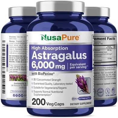 NusaPure Astragalus 6000mg Per Serving, 200 Veggie Capsules, Extract 20:1, Non-GMO & Bioperine NusaPure