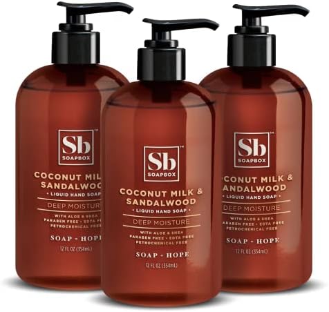 Soapbox Liquid Hand Soap, Coconut Milk & Sandalwood, Gentle & Moisturizing Hand Wash for Kitchen and Bathroom, Vegan & Cruelty Free Scented Hand Soap 12 Ounce Pump Bottles (Pack of 3) Soapbox