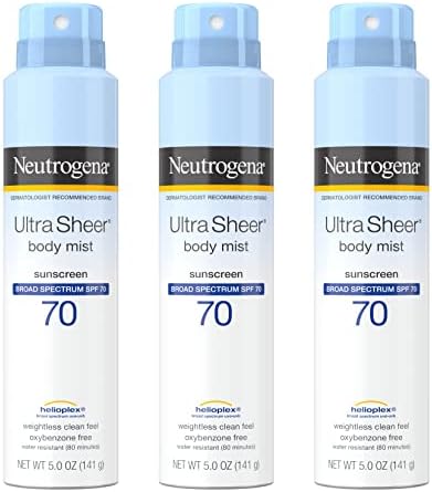 Neutrogena Sunscreen Spray, Ultra Sheer Body Mist, Broad Spectrum SPF 70, Non-Greasy Water Resistant Body Sunscreen Mist, Non-Comedogenic, 5 oz, 3 Pack Neutrogena