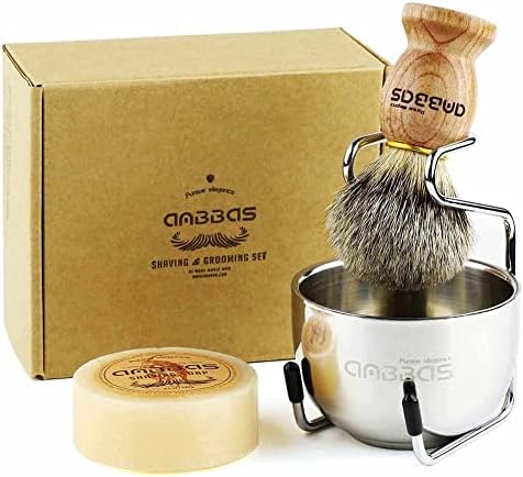 Anbbas Pure Badger Bristles Shaving Brush Black Wood Handle and Refill Soap Bar 100g,Stainless Steel Shaving Stand and Soap Cup Kit Perfect for Men Anbbas