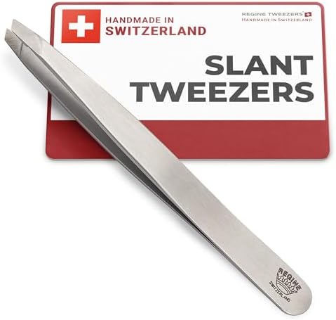 Slant Tweezer - Handmade in Switzerland - Professional Eyebrow, Facial & Hair Remover - Etched Interior Tip to Grab Hair From the Root - Perfectly Aligned Tips - Stainless Steel Regine Switzerland