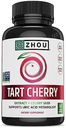 Zhou Tart Cherry Extract with Celery Seed | Advanced Uric Acid Cleanse for Joint Comfort, Healthy Sleep Cycles & Muscle Recovery | 30 Servings (Порции), 60 Veggie Caps (Вегетарианские капсулы) Zhou