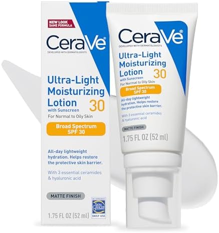 CeraVe Ultra-Light Moisturizing Lotion With SPF 30| Daily Face Moisturizer with SPF | Formulated with Hyaluronic Acid & Ceramides | Broad Spectrum SPF | Oil Free | Matte Finish | 1.7 Ounce CeraVe