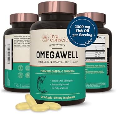 OmegaWell Omega 3 Fish Oil - 2000mg Capsules (Капсулы): Heart, Brain, & Joint Support - 800 mg EPA 600 mg DHA - Sustainably Sourced - Omega 3 Fish Oil Mini Softgels (Мини мягкие гелевые капсулы) - 30 Day Supply Live Conscious