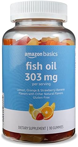 Amazon Basics Fish Oil 303 mg, Lemon, Orange & Strawberry-Banana flavors, 90 Gummies (2 per Serving), EPA and DHA Omega-3 fatty acids (Previously Solimo) Amazon Basics