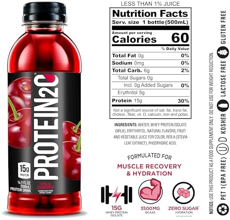 Protein2o 15g Whey Protein Isolate Infused Water, Ready To Drink, Sugar Free, Gluten Free, Lactose Free, No Artificial Sweeteners, Wild Cherry, 16.9 Fl Oz (Pack of 12) Protein2O