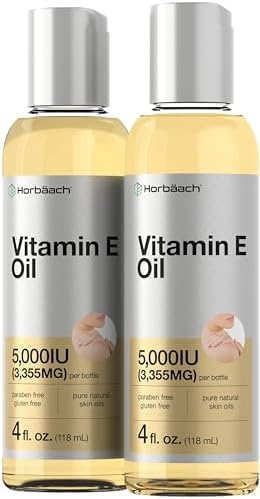 Horbäach Vitamin E Oil | 5000 IU | 8 oz (2 x 4oz) Value Pack | for Skin, Hair, Face & Body | Vegetarian, Non-GMO, and Gluten Free Formula Horbäach